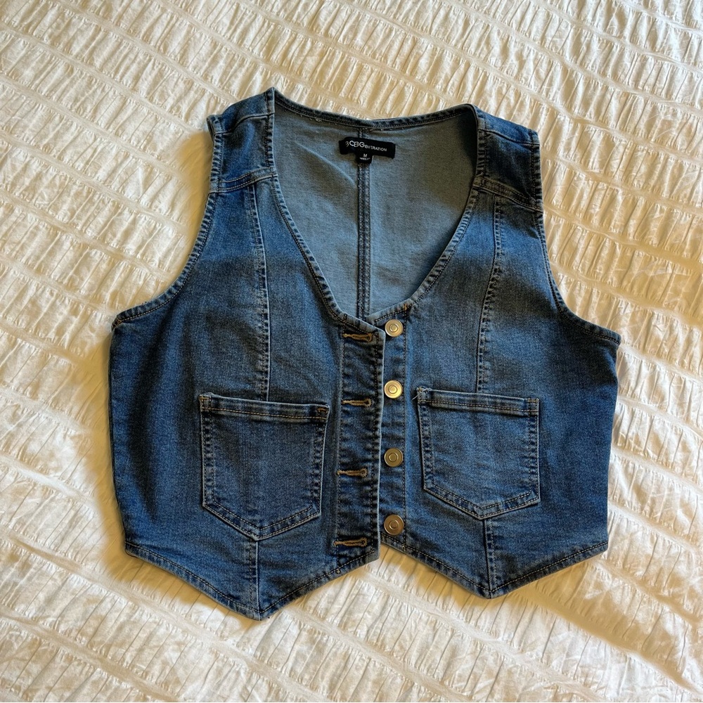 BCBGeneration Light Blue Denim Crop Vest Top